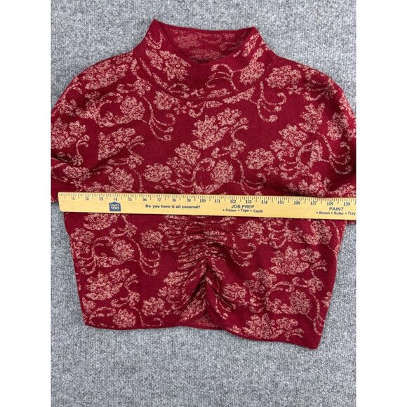 Anthropologie Sweater Women's XL Red & Gold Sparkle Floral Ruched Long Sleeve - Picture 5 of 8